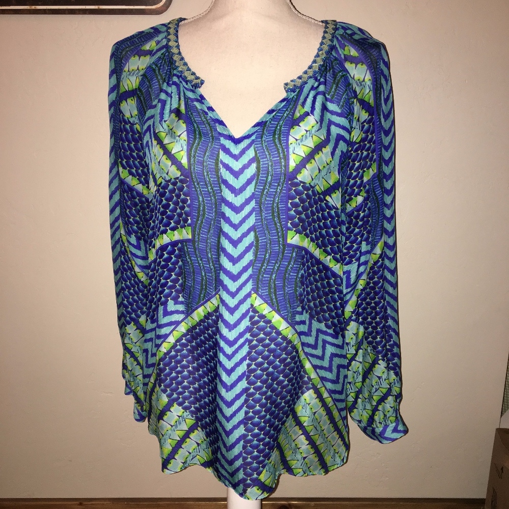 Hale Bob Silk Tunic W/ Beaded Neckline Size Large